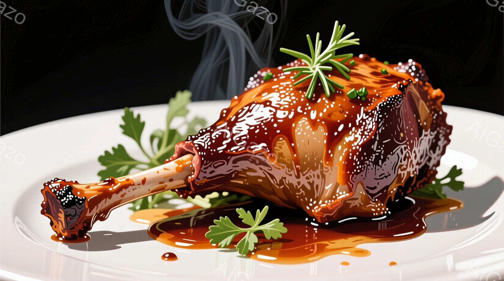 輝く照りを持つローストチキンレッグが白い皿に盛り付けられています。ハーブが添えられ、濃厚なソースが皿に広がり、湯気が立ち上る様子が食欲をそそります。背景は暗く、チキンレッグの美味しさが際立っています。