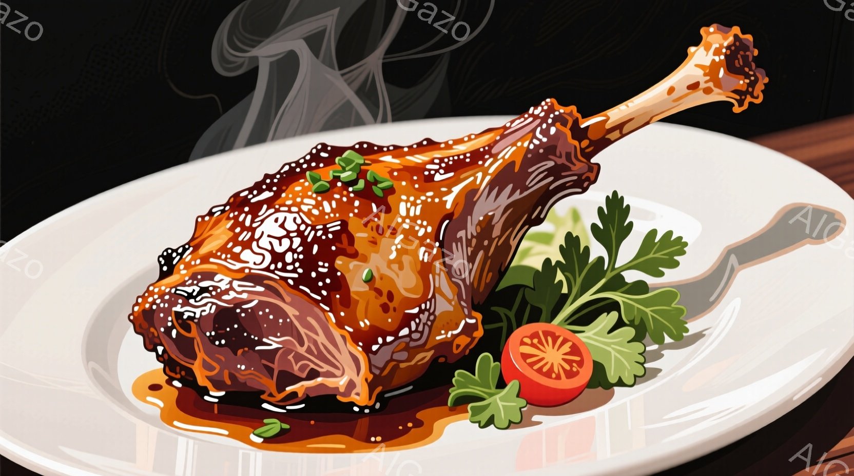 艶やかな照り焼きの鶏肉が白い皿に盛り付けられています。緑色のパセリと赤いミニトマトが添えられ、湯気が立ち上り、食欲をそそる様子が表現されています。背景は暗く、照り焼きの鶏肉が際立っています。