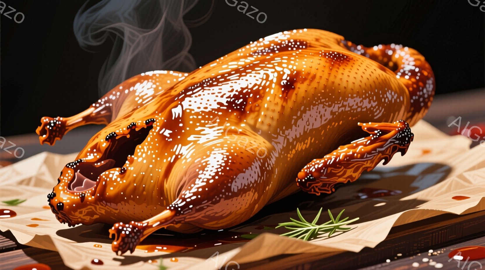 照り輝く、深煎り色のローストチキンが白い皿に盛り付けられています。周りには、同じく照りのある、角切りにした何かの煮物（おそらくジャガイモやカブなど）が添えられ、鮮やかな緑色のハーブがアクセントになっています。背景には木製のテーブルが見え、全体的に食欲をそそる、温かく落ち着いた雰囲気が漂っています。