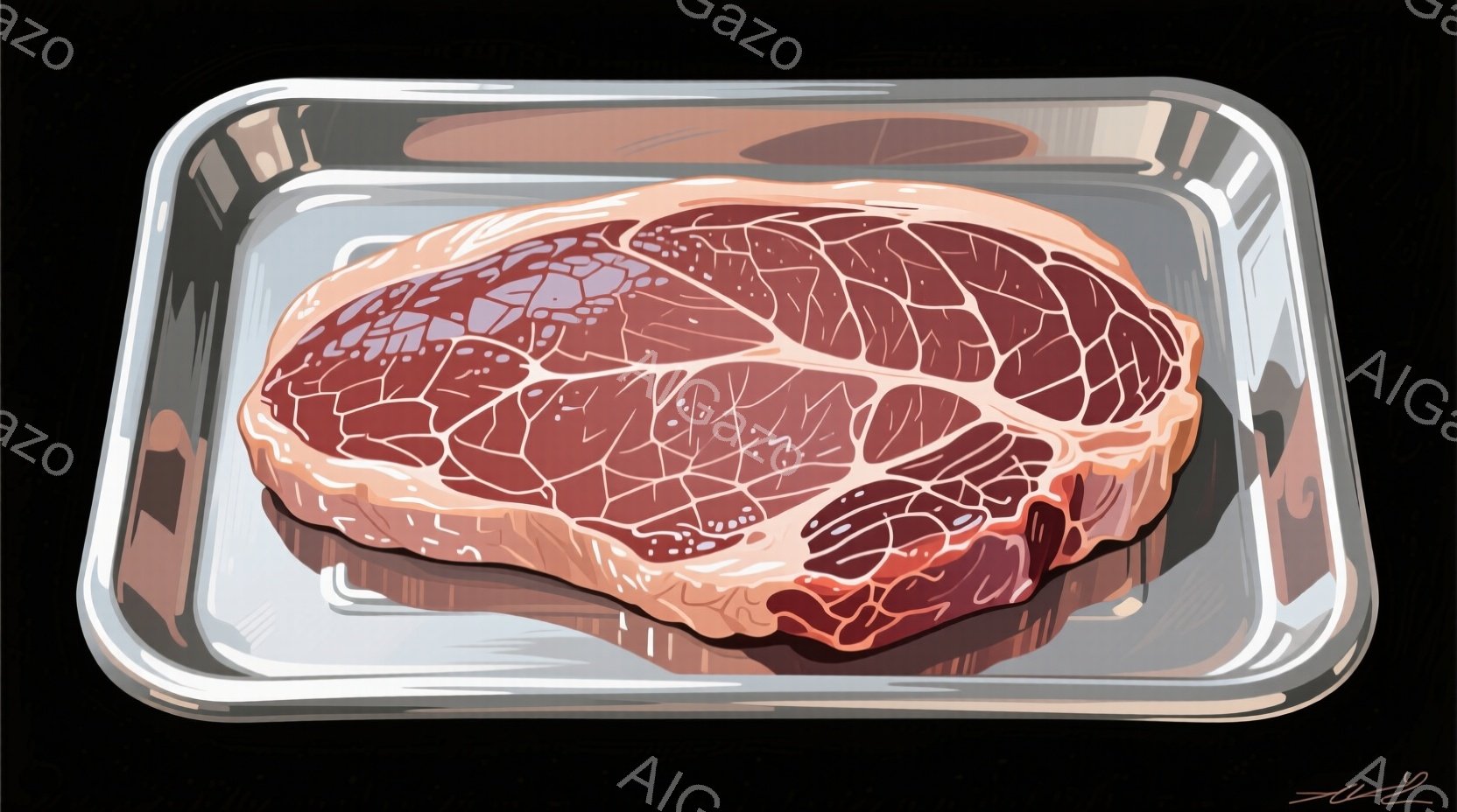 鉄板の上には、赤身と脂身が美しい、大きな塊の牛肉が乗っています。牛肉の断面からは、繊細な模様が見て取れ、調理前の新鮮な状態を示しています。背景は暗く、牛肉が際立っており、食欲をそそる雰囲気を醸し出して - AI生成フリー素材