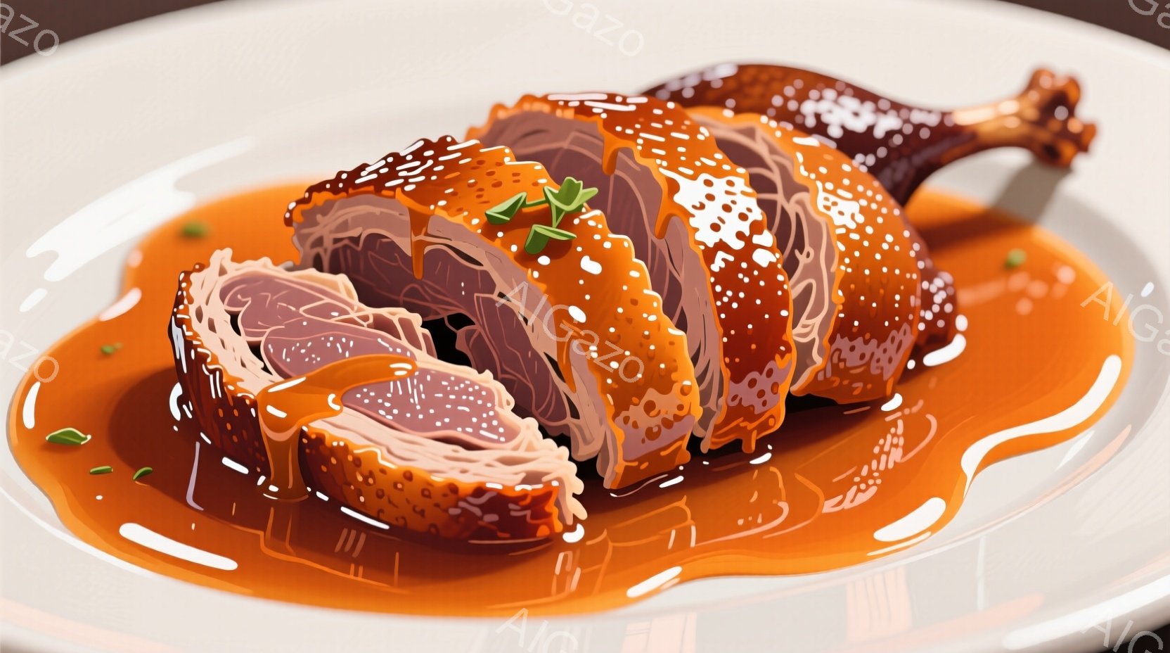 鮮やかな赤いテーブルクロスの上に、照り輝くローストターキーが置かれた盛大なディナー風景が見られます。ターキーの周りにはレモンやハーブなどの飾り付けがあり、背景にはクリスマスツリーのぼんやりとした光が灯 - AI生成フリー素材