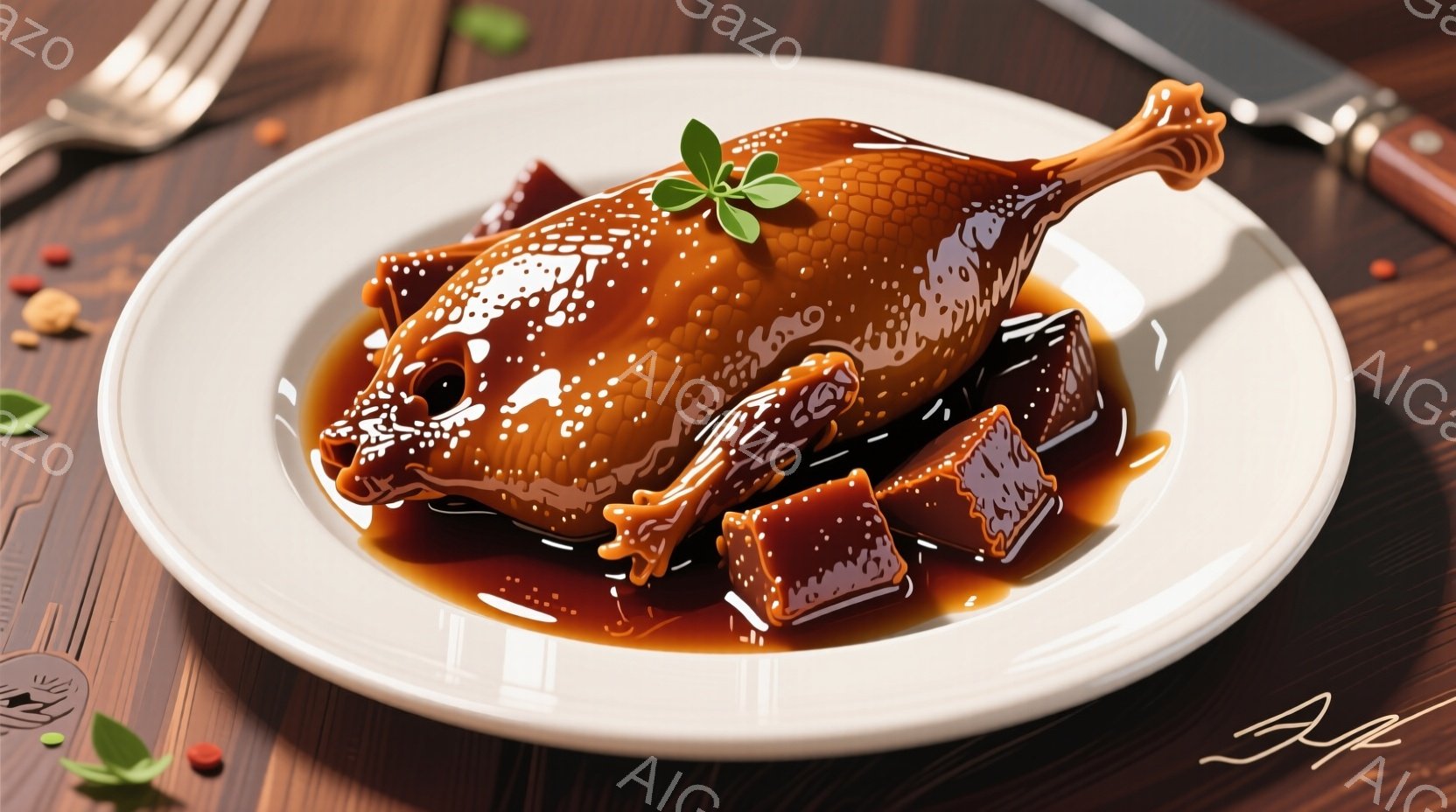 照り輝く茶色のローストチキンが白い皿に盛られています。鶏肉は甘い照り焼きソースで覆われ、添えられた角切りにしたジャガイモと一緒に、食欲をそそるプレゼンテーションになっています。背景には木製のテーブルと、かすかに見える銀食器が映り込み、温かく家庭的な雰囲気を醸し出しています。