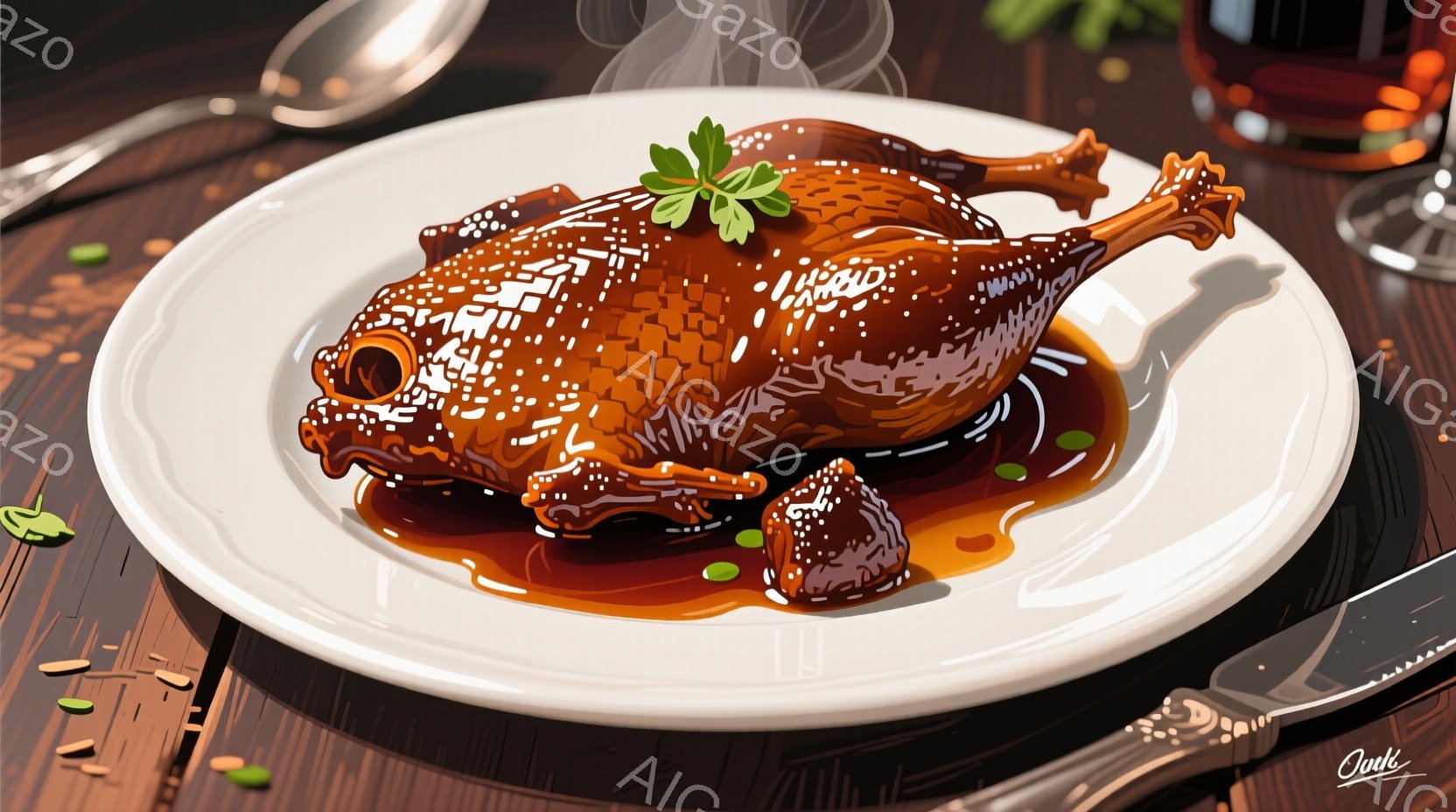 皿の上には、照りやかな焼き鳥が美味しそうに並べられています。鳥は濃い茶色のソースに浸され、緑色のハーブが添えられています。背景には、木製のテーブル、フォーク、ナイフ、そしてワイングラスがぼやけて写り込み、暖かく食欲をそそる雰囲気を作り出しています。