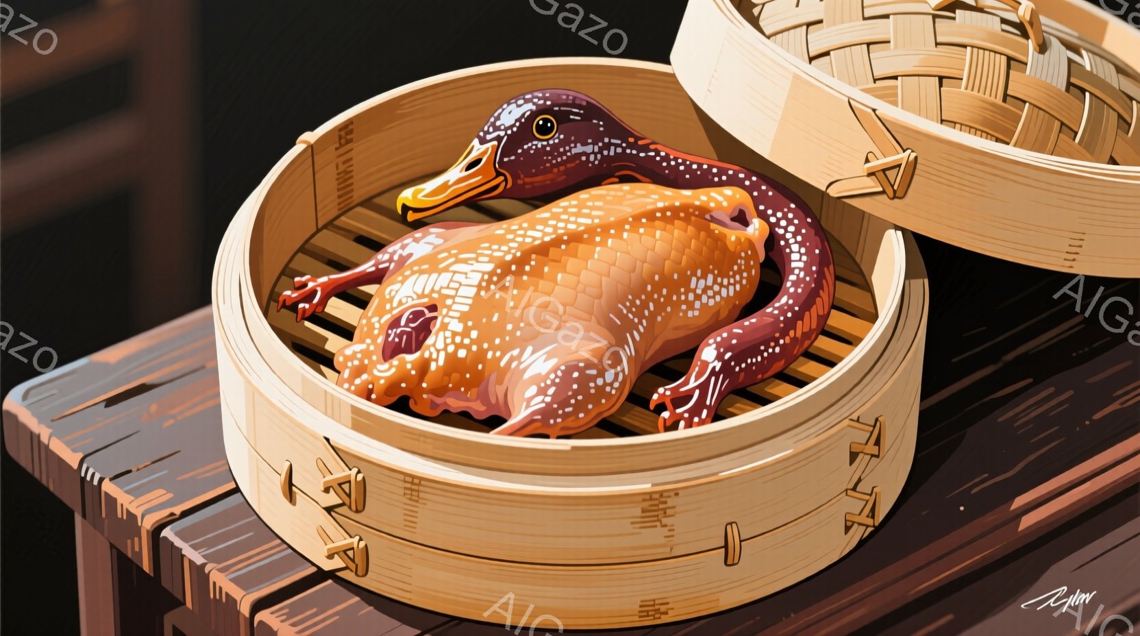 蒸し器の中に、可愛らしいアヒルの雛が丸まって座っています。雛はオレンジと茶色のまだら模様で覆われ、小さな翼と足がはっきりと見えます。背景は木製のテーブルで、蒸し器と雛の暖かくユーモラスな雰囲気を引き立てています。