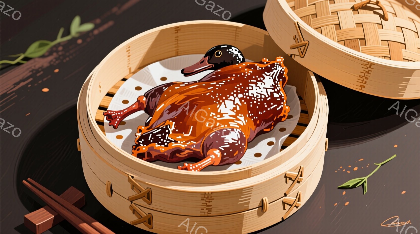蒸し器の中に、香ばしい色合いの焼き鴨が横たわっています。鴨の体には、細かい模様が描かれており、全体的に食欲をそそる雰囲気が漂っています。背景には、竹製の蒸し器が重ねられ、散りばめられた緑色の葉がアクセントになっています。