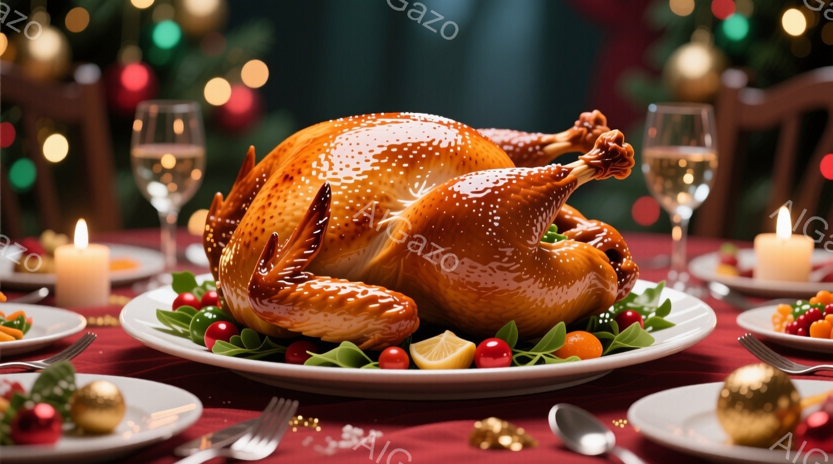 鮮やかな赤いテーブルクロスの上に、照り輝くローストターキーが中央に置かれています。ターキーの周りには緑の葉、レモン、チェリーなどの飾りがあり、まるで特別な晩餐会のようになっています。背景にはぼやけたクリスマスツリーの光が灯り、暖かくお祝いの雰囲気を醸し出しています。