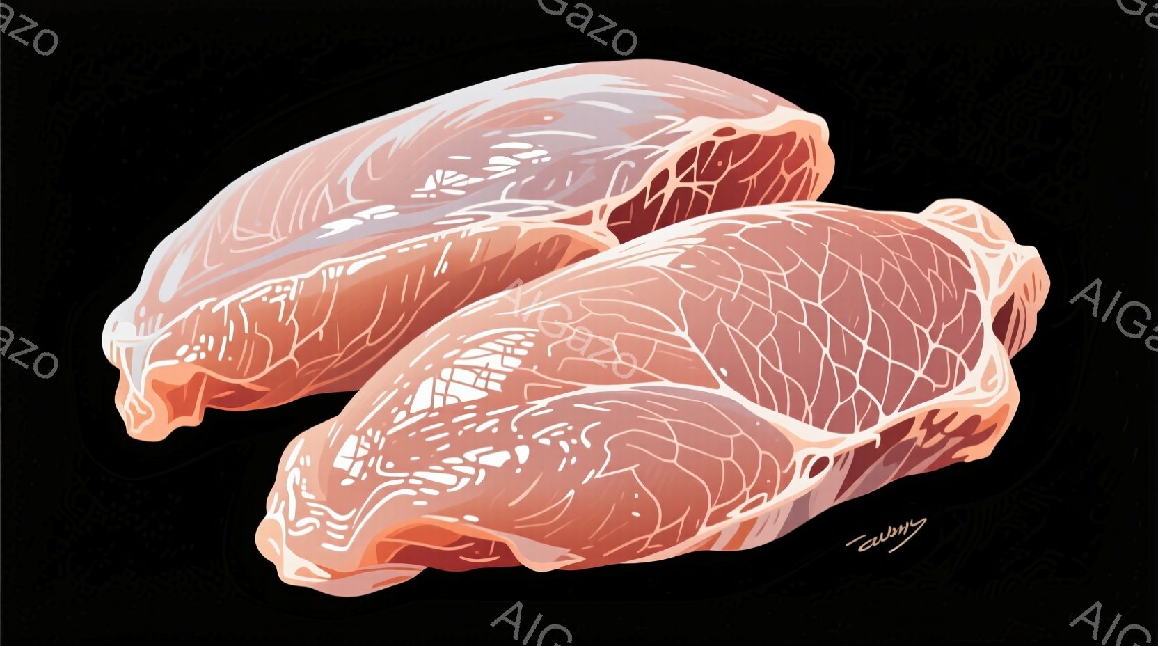 2枚の豚肉の切り身が写っています。肉は薄く、ピンク色をしており、表面には繊細な繊維の模様が見られます。背景は黒色で、肉の形状と質感が際立っています。