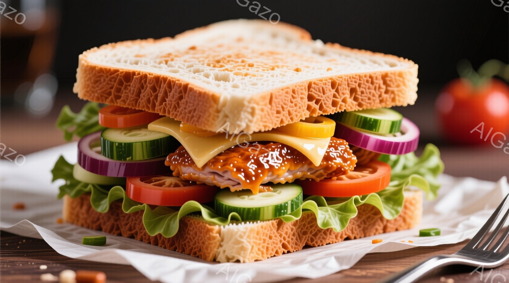 焼きたてのトーストパンで挟まれた、カラフルな具材がたっぷりのサンドイッチです。レタス、トマト、紫玉ねぎ、キュウリ、そしてオレンジ色のソースがかかった鶏肉が層になっており、とても美味しそうに見えます。サンドイッチは白い紙の上に置かれ、背景にはぼやけた木製のテーブルといくつかの野菜が見えます。