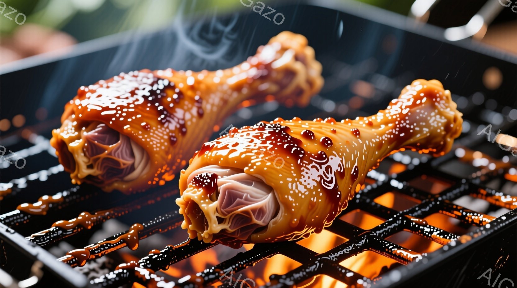 焼きたての鶏肉の脚が、赤いグリル網の上に並んでいます。照り豊かなタレが塗られ、所々に白い胡椒が振りかけられています。背景には炎が燃え盛り、熱々で食欲をそそる雰囲気を醸し出しています。