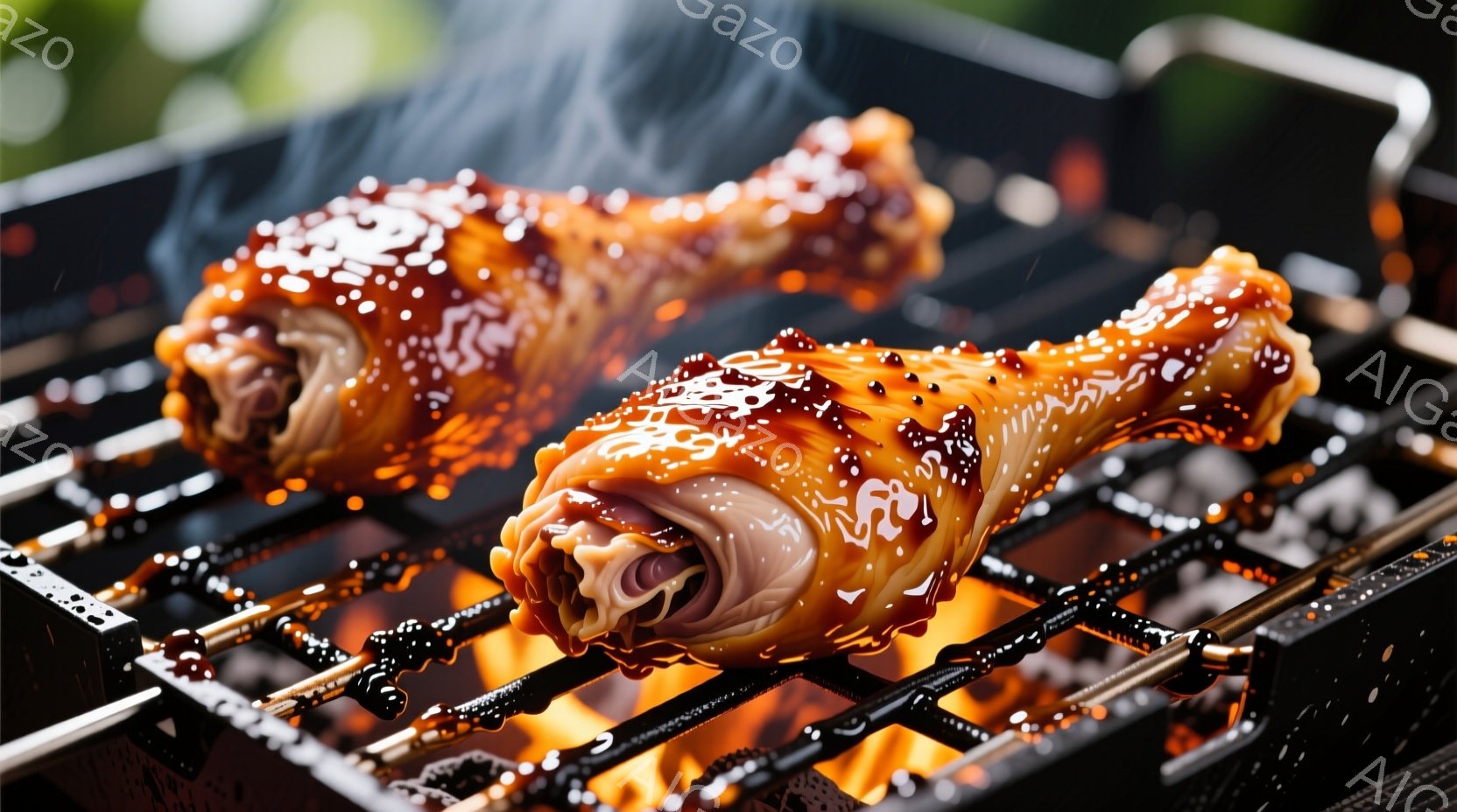 照り焼きソースが塗られた鶏もも肉が、炭火のグリルで焼かれています。炎が立ち上り、鶏肉の表面は甘く照り輝き、食欲をそそる様子が表現されています。背景はぼやけており、グリルと鶏肉に焦点が当たっています。