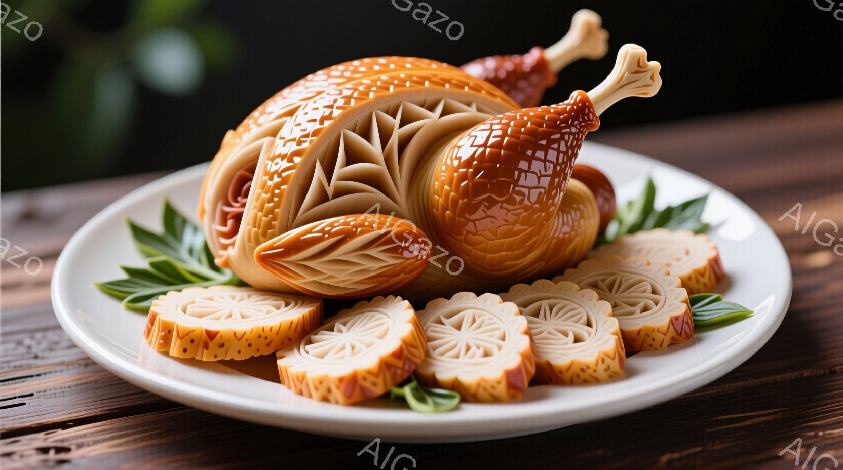 白い皿の上に、見事に彫刻された鶏肉が置かれています。鶏肉は細かい切り込みが施され、まるで芸術作品のように見えます。周囲には彫刻されたスライスされた鶏肉と緑色の葉が添えられ、木製のテーブルが背景にあります。