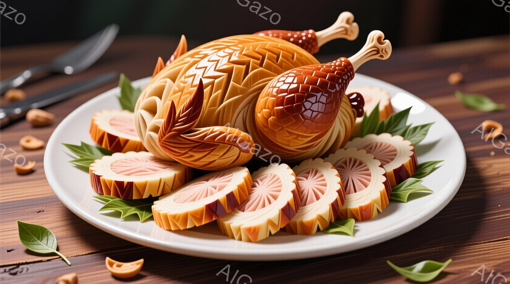 白い皿に、まるで彫刻のように切り込まれたローストチキンが中央に置かれています。チキンは複雑な模様で覆われ、まるで羽毛のような繊細な表現が施されています。背景には木製のテーブルと、緑の葉、そして小さなナッツが点在しており、食欲をそそる暖かな雰囲気を醸し出しています。