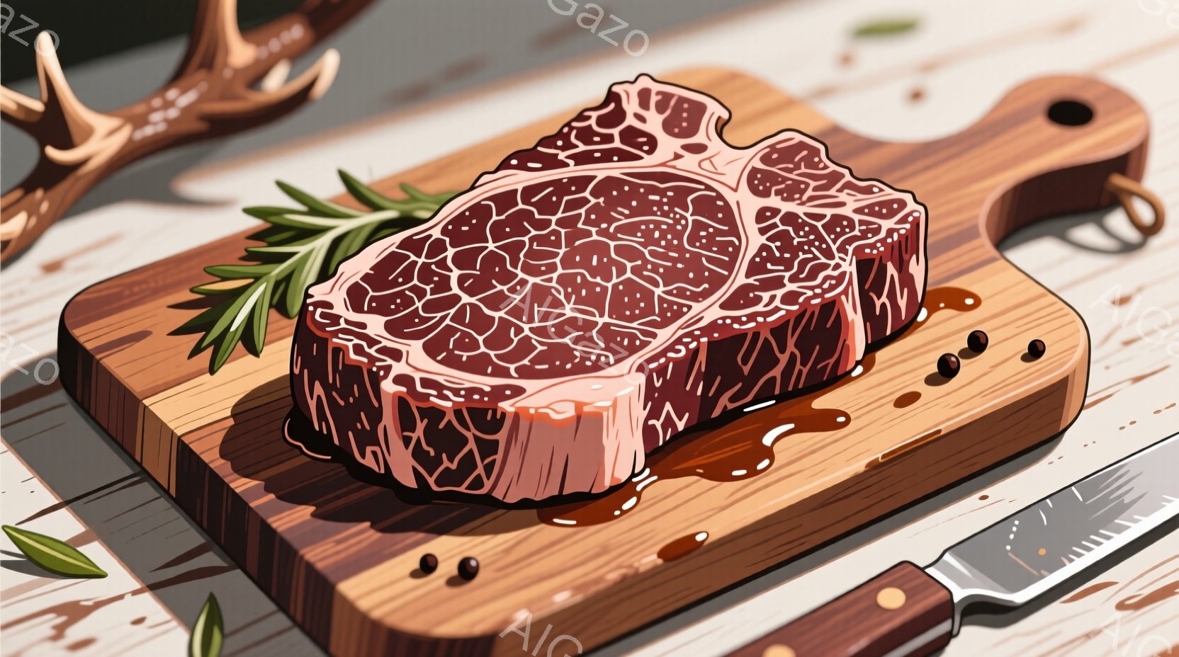 厚切りステーキが木製のカッティングボードに乗せられ、緑色のハーブ（ローズマリーと思われる）と黒胡椒が添えられています。肉からは肉汁が流れ出し、背景には木製のテーブルの一部が見えます。全体的に暖色系の色 - AI生成フリー素材