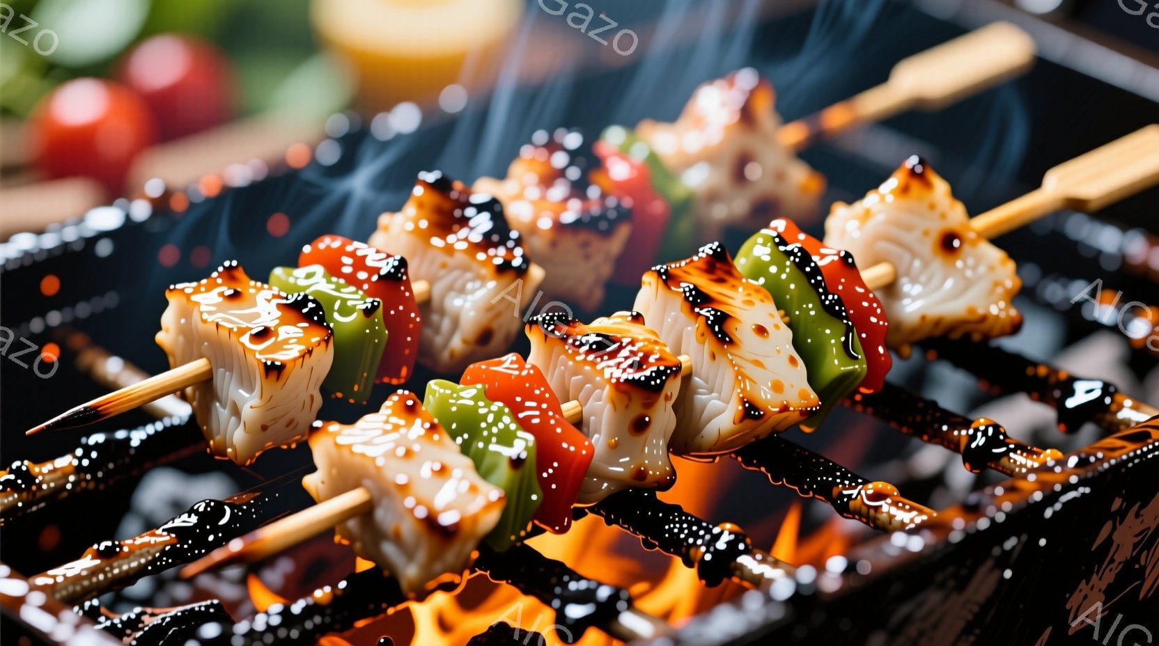 串に刺された肉と野菜が炭火で焼かれている様子を捉えています。肉は焦げ目がつき、野菜は鮮やかな赤や緑の色を保っており、美味しそうに見えます。背景には炎が立ち上り、調理の熱気が伝わってきます。