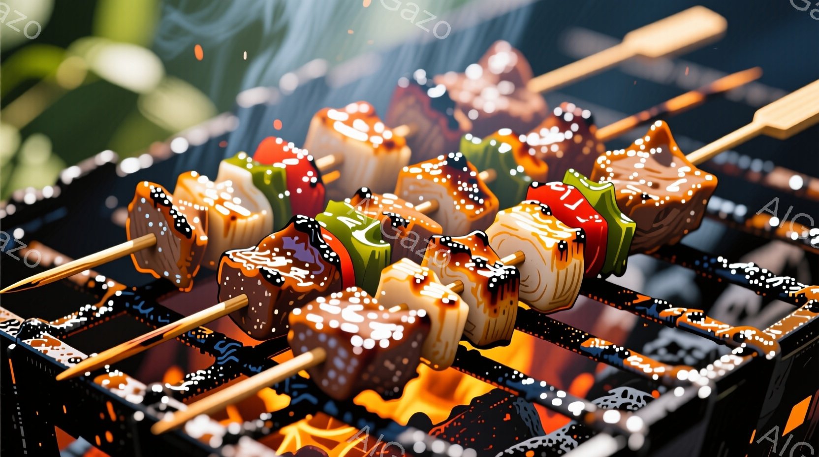 串に刺された寿司が炭火で焼かれている様子が写っている。様々な色の寿司ネタが並び、焼き加減によって照りや色合いが異なり、食欲をそそる光景だ。背景はぼやけており、焼き網と炎が強調され、熱気が伝わってくるような印象を受ける。