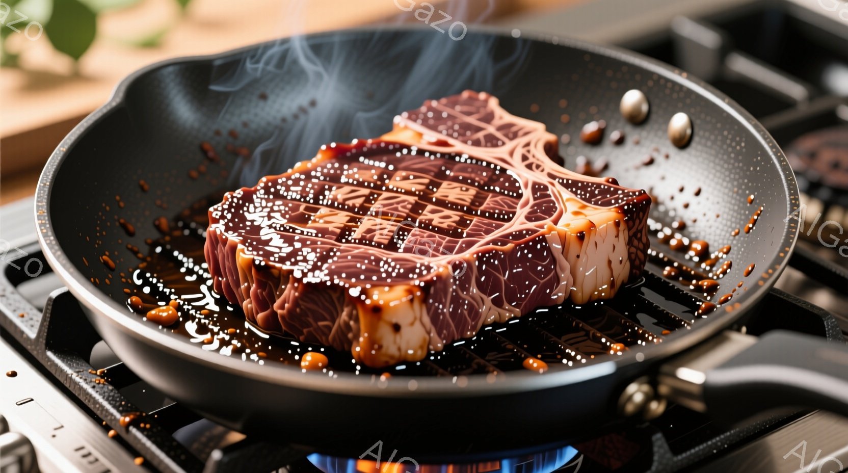 厚切りステーキがフライパンで焼かれている様子が捉えられています。肉からは湯気が立ち上り、表面には照りが出始めており、ジュースがフライパンに飛び散っています。背景にはガスコンロが見え、調理中の熱い雰囲気が伝わってきます。