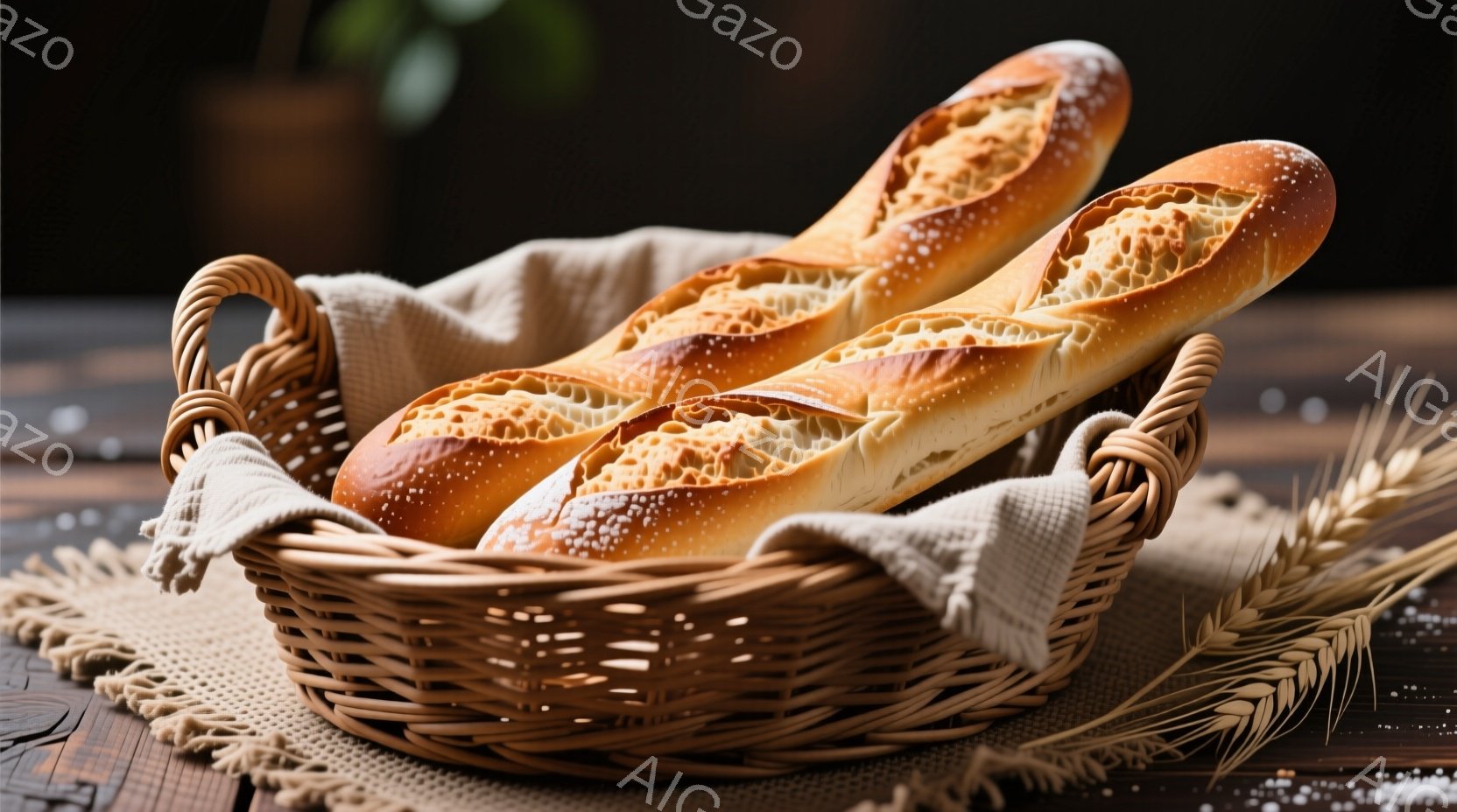 籠の中に焼きたてのバゲットが2本並んでいます。バゲットは表面が白く霜降りになり、美しい焼き色をしています。背景には木製のテーブルと麦の穂があり、温かく素朴な雰囲気を醸し出しています。
