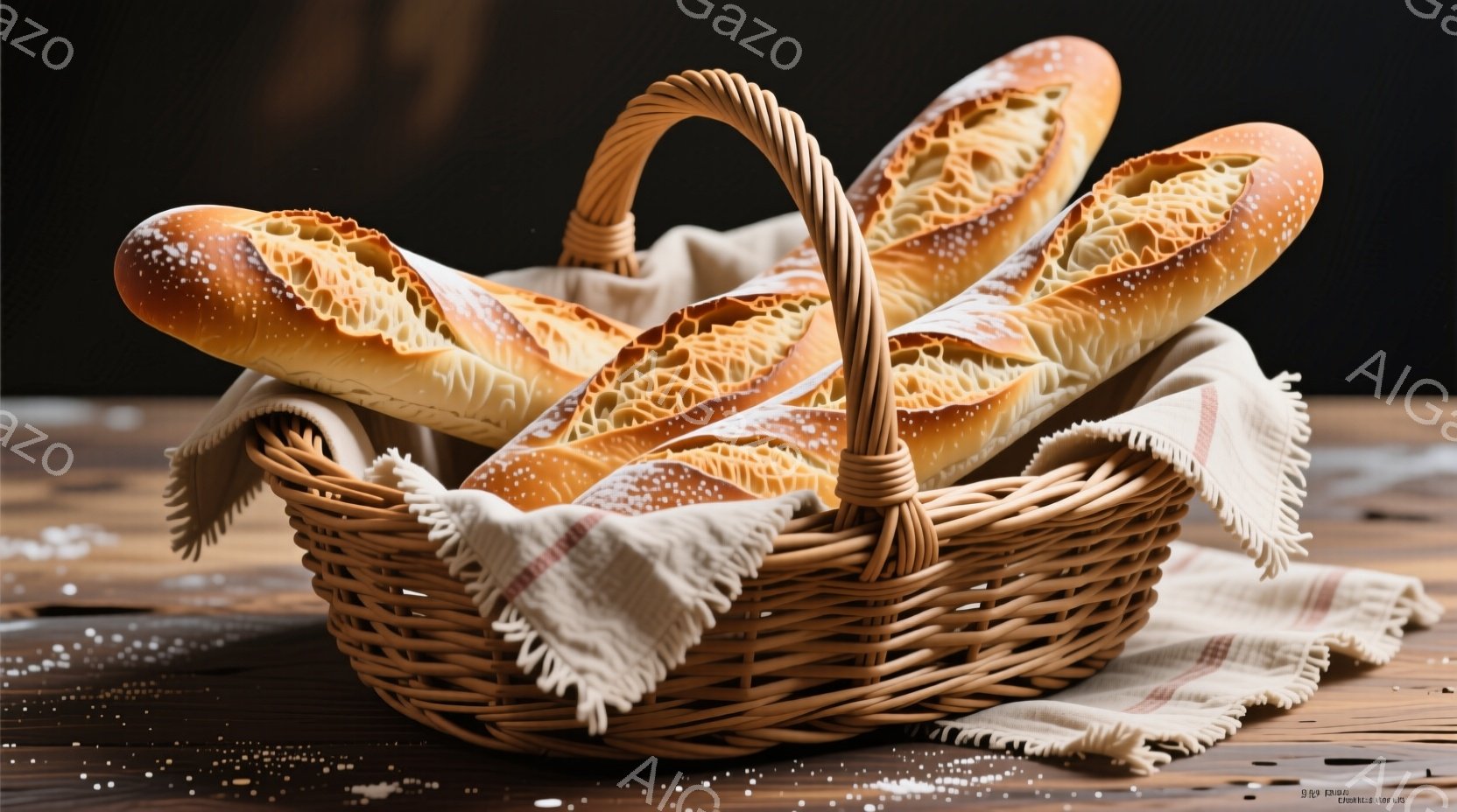 籐で編まれたバスケットの中に、焼きたてのフランスパンが所狭しと並べられています。パンの表面には小麦粉が薄く振りかけられ、温かさと食欲をそそる雰囲気を醸し出しています。バスケットの下には、チェック柄の布が敷かれ、素朴で温かい雰囲気を添えています。