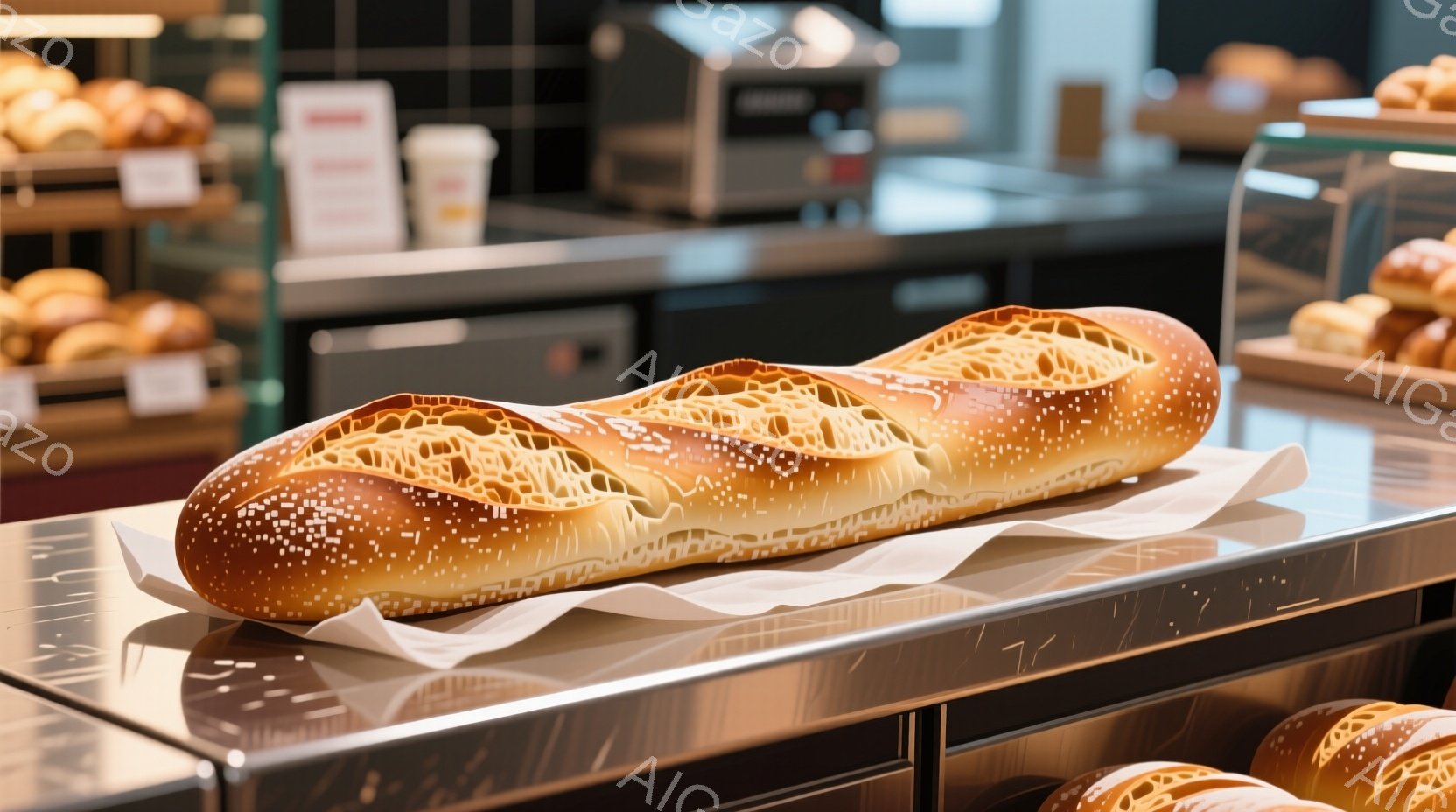 長くて細いバゲットが、白い紙の上で金属製の棚の上に置かれています。バゲットの表面は黄金色で、複雑な模様が刻まれており、まるでレース編みのようです。背景には他のパンが並び、明るい店内の様子が伺えます。