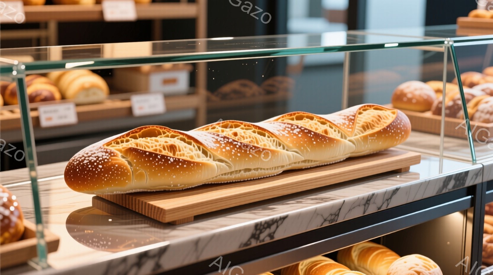 画像はパン屋のショーケースの中に置かれた、美しい焼き色のフランスパンを捉えています。パンは表面に独特の模様があり、粉砂糖がふりかかっています。背景には他のパンも並んでおり、清潔感のある店内の様子が伺えます。
