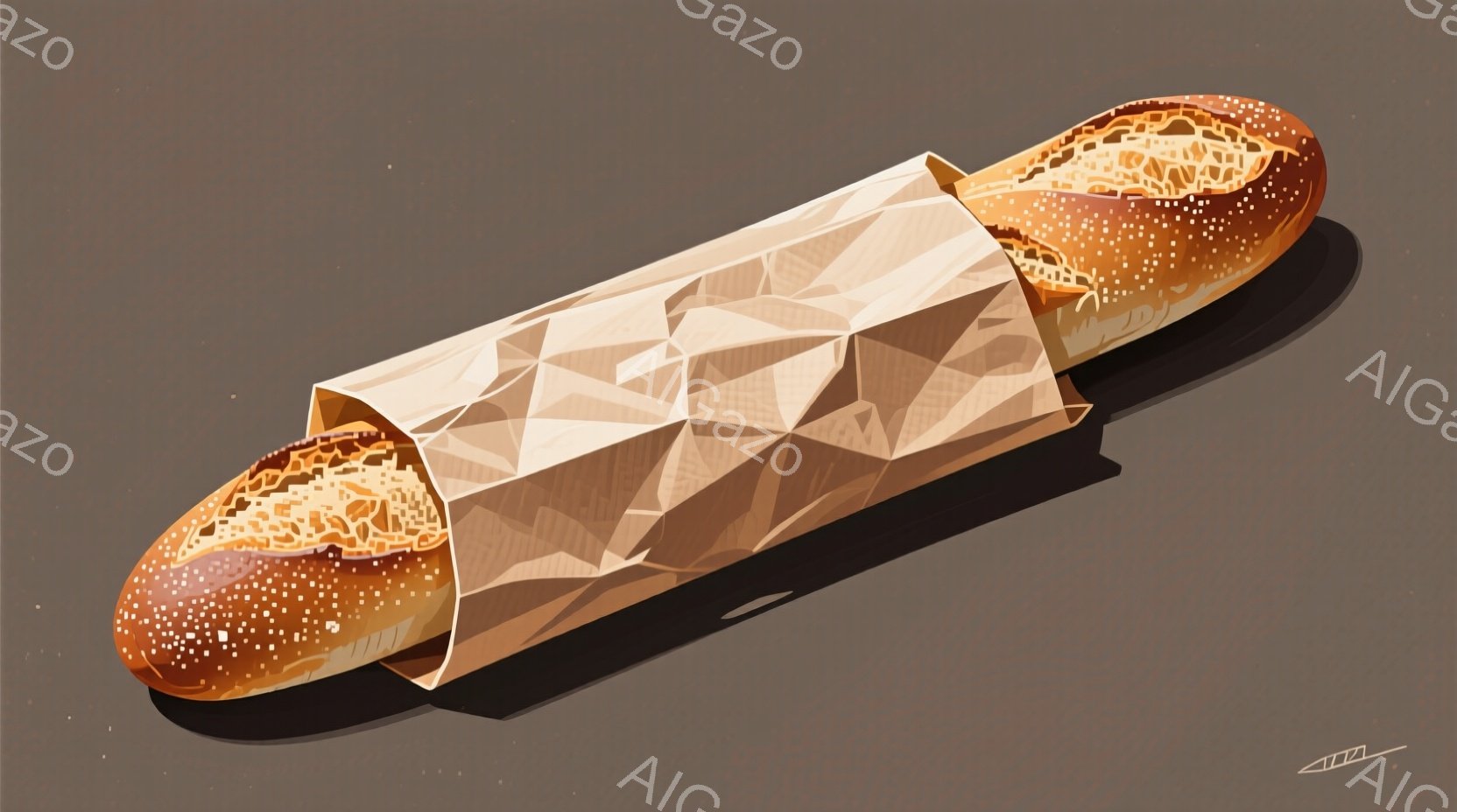 茶色の紙袋に包まれたバゲットが写っています。バゲットは表面に小さな斑点があり、焼きたての香ばしさを感じさせます。背景は単色の茶色で、バゲットと紙袋が際立っています。