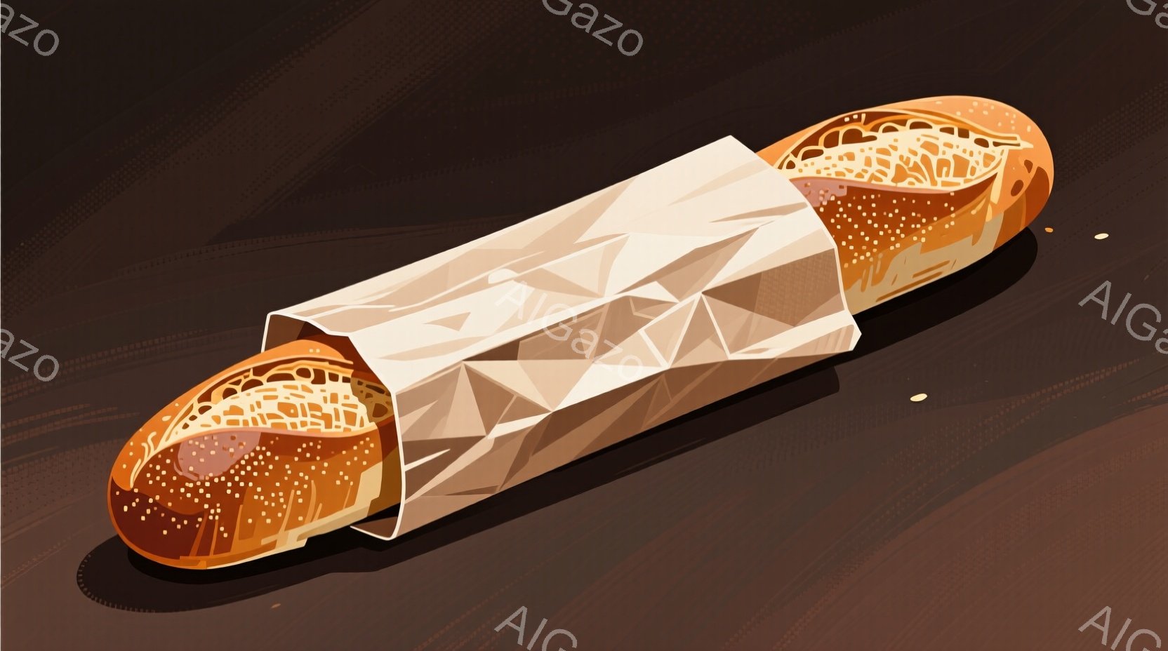 焼きたてのバゲットが、茶色の紙袋に包まれて描かれています。バゲットは表面に焦げ目がつき、内部はふっくらとしており、美味しさを想像させます。背景は暗い茶色で、バゲットと紙袋が際立っており、素朴で温かみのある雰囲気を醸し出しています。