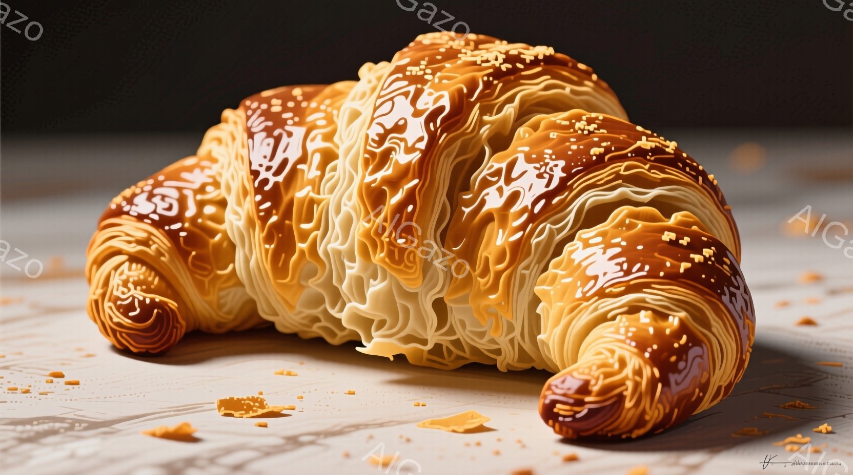 黄金色に輝くクロワッサンが、白い背景に置かれている。焼き色が濃く、層がはっきりと見える。周囲には、クロワッサンのかけらが散らばっており、美味しさを強調している。