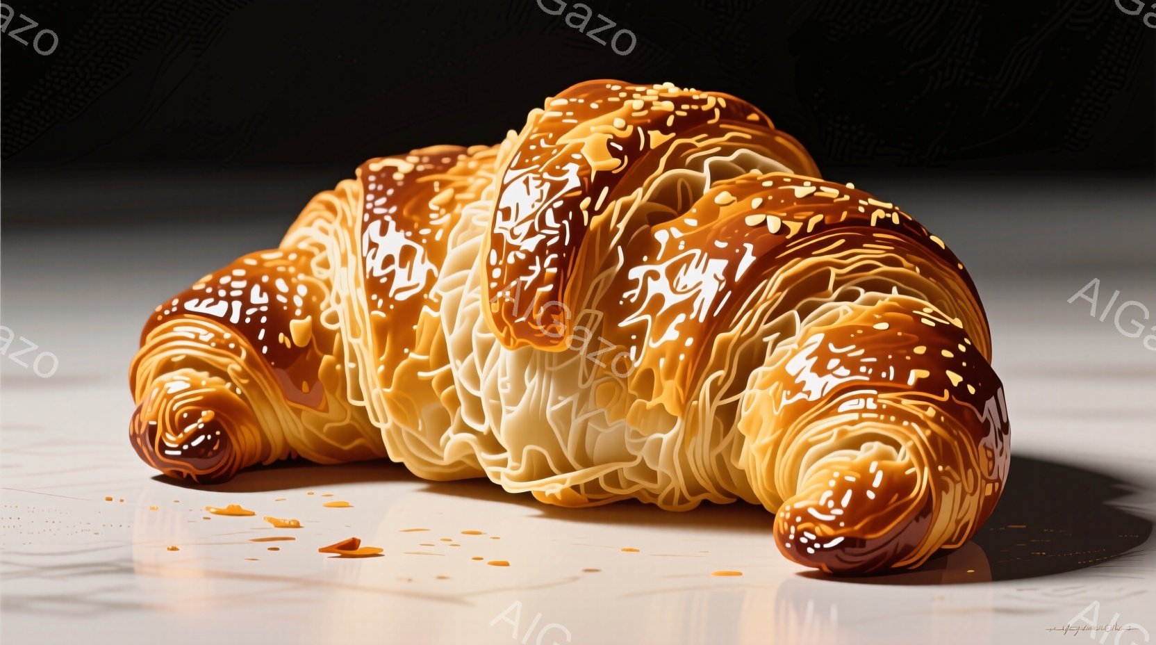 鮮やかな茶色のクロワッサンが、滑らかな白い背景の上に置かれています。クロワッサンは層状の生地と、表面を覆うチョコレートのような輝きのあるコーティングが特徴で、一部が落ちて小さな破片が散らばっています。全体的に、美味しそうで食欲をそそる、暖かく親しみやすい雰囲気です。