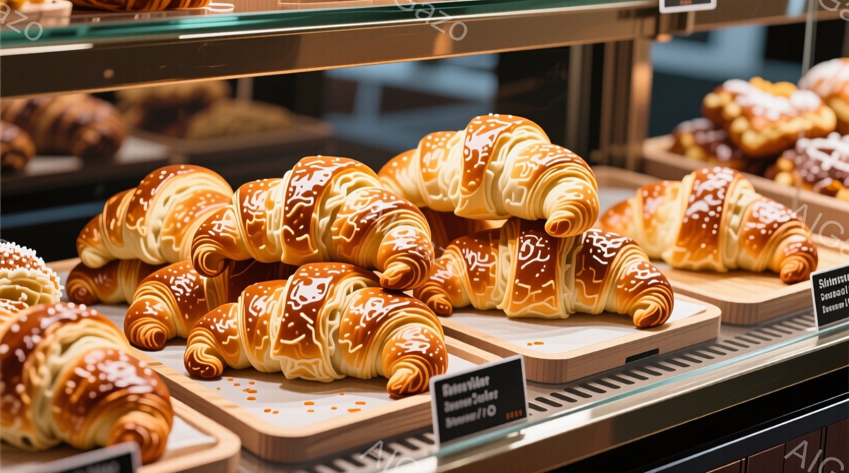 焼き色が美しいクロワッサンが木製のプレートの上に整然と並べられています。クロワッサンには白いアイシングが繊細な模様を描き、美味しさを引き立てています。背景には他のペストリーが見え、明るい照明と木製の棚 - AI生成フリー素材