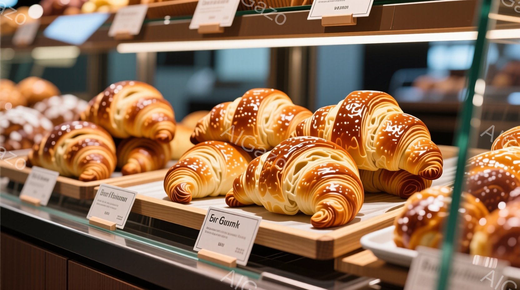 ガラスケースに並べられたクロワッサンを捉えています。それぞれのクロワッサンは、美しい焼き色と、表面に施された繊細な模様が特徴で、美味しさを際立たせています。ケース内には、商品名と価格が書かれたタグが各クロワッサンの下に置かれており、明るく清潔な雰囲気のパン屋であることがわかります。