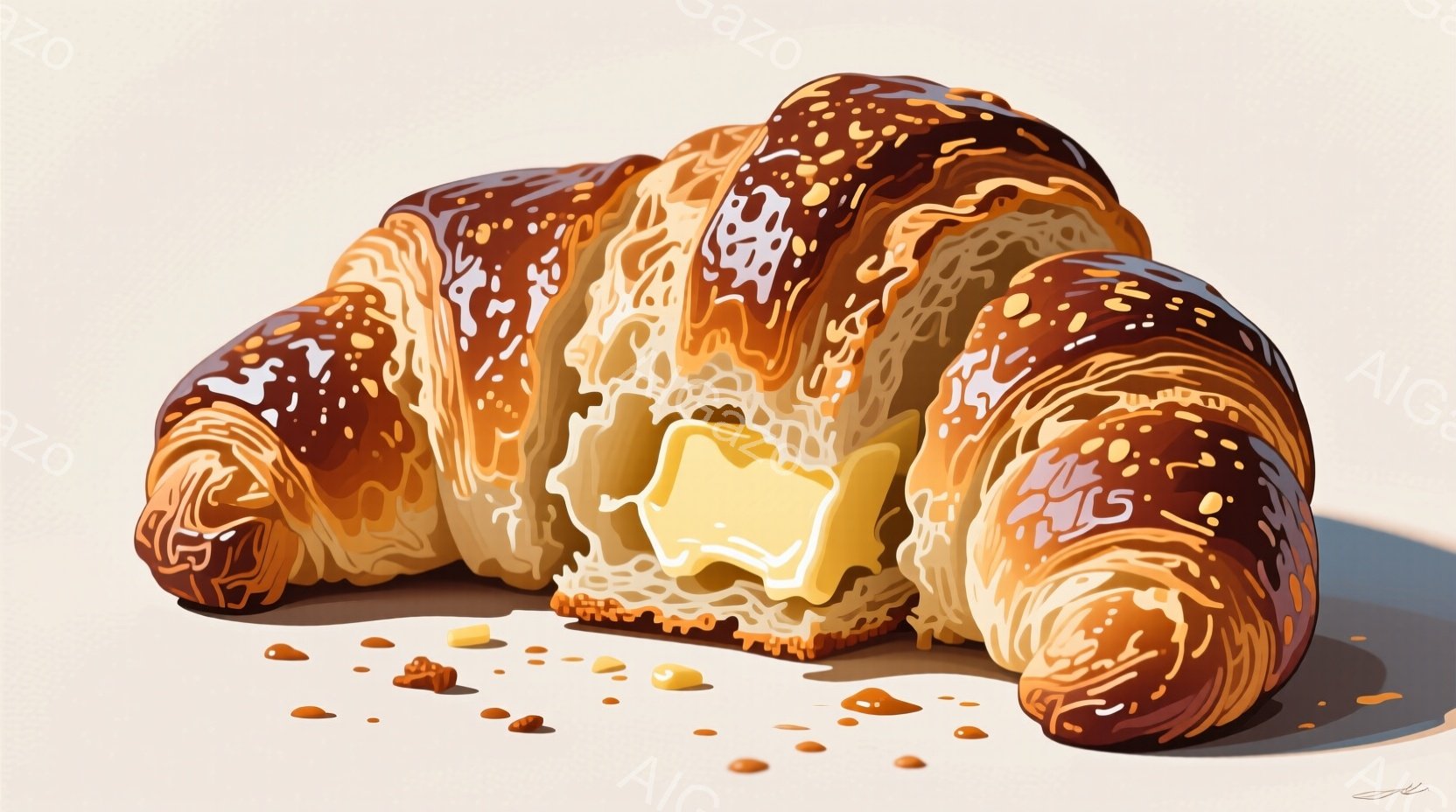 黄金色に輝くクロワッサンが半分に割れており、中にはとろけるバターがたっぷり詰まっているのが見える。周りには細かく砕けたパンくずが散らばっており、食欲をそそる温かさと甘い香りが感じられる。背景は淡いベー - AI生成フリー素材