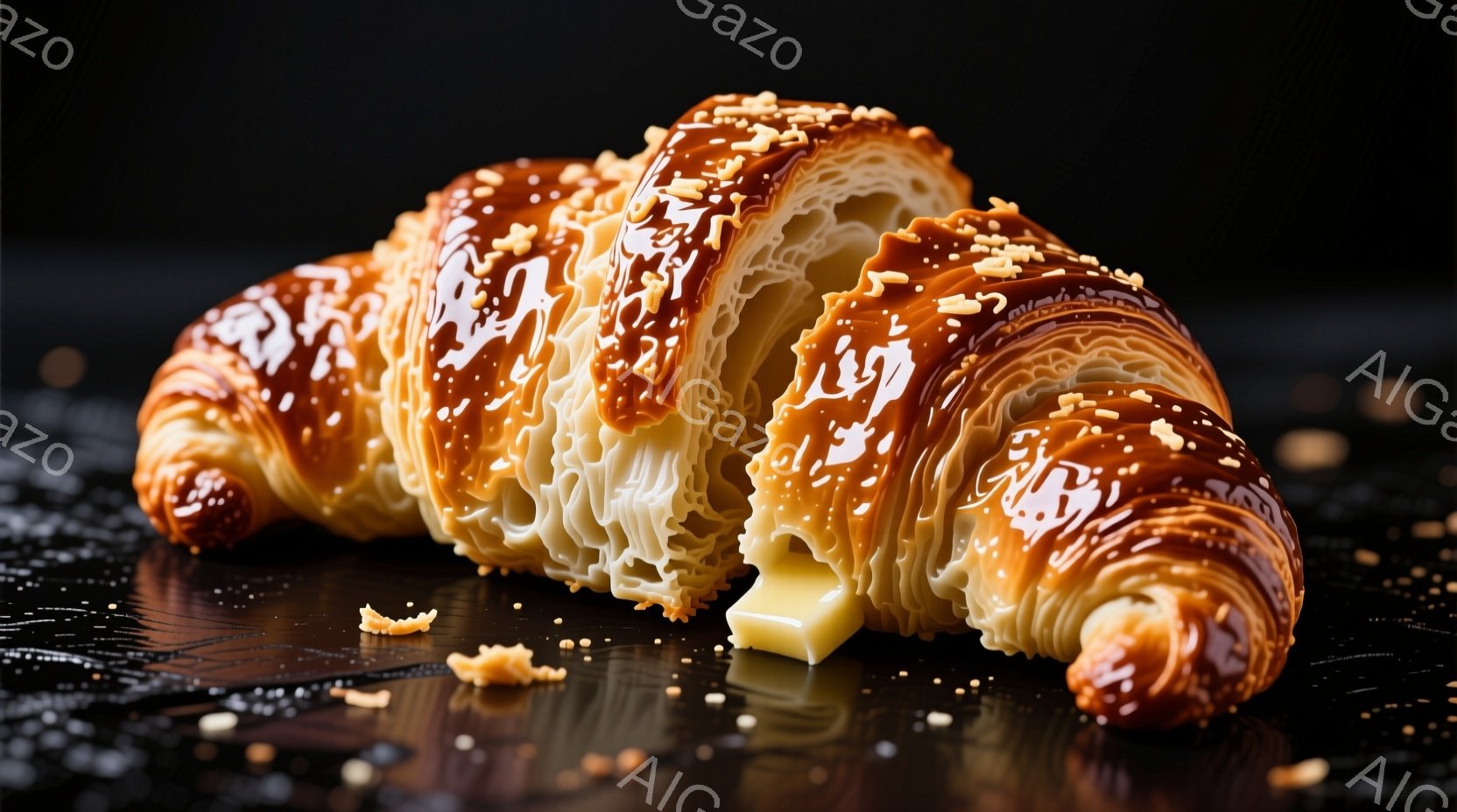 チョコレートとキャラメルのグレーズがかかったクロワッサンが、半分に割れて、中から白いクリームが覗いています。光沢のある表面には、砕いたナッツのようなものが散りばめられており、黒い反射面の上に置かれてい - AI生成フリー素材