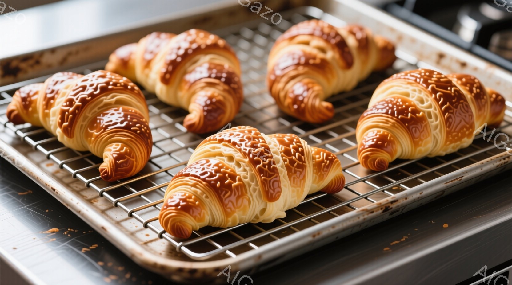 焼き上がったクロワッサンがワイヤーラックの上に並べられています。黄金色に輝くクロワッサンは、美しい層と繊細な模様が特徴で、焼き色が食欲をそそります。背景はキッチンの一部で、ステンレス製の天板と調理台が見え、全体的に温かく美味しそうな雰囲気が漂っています。