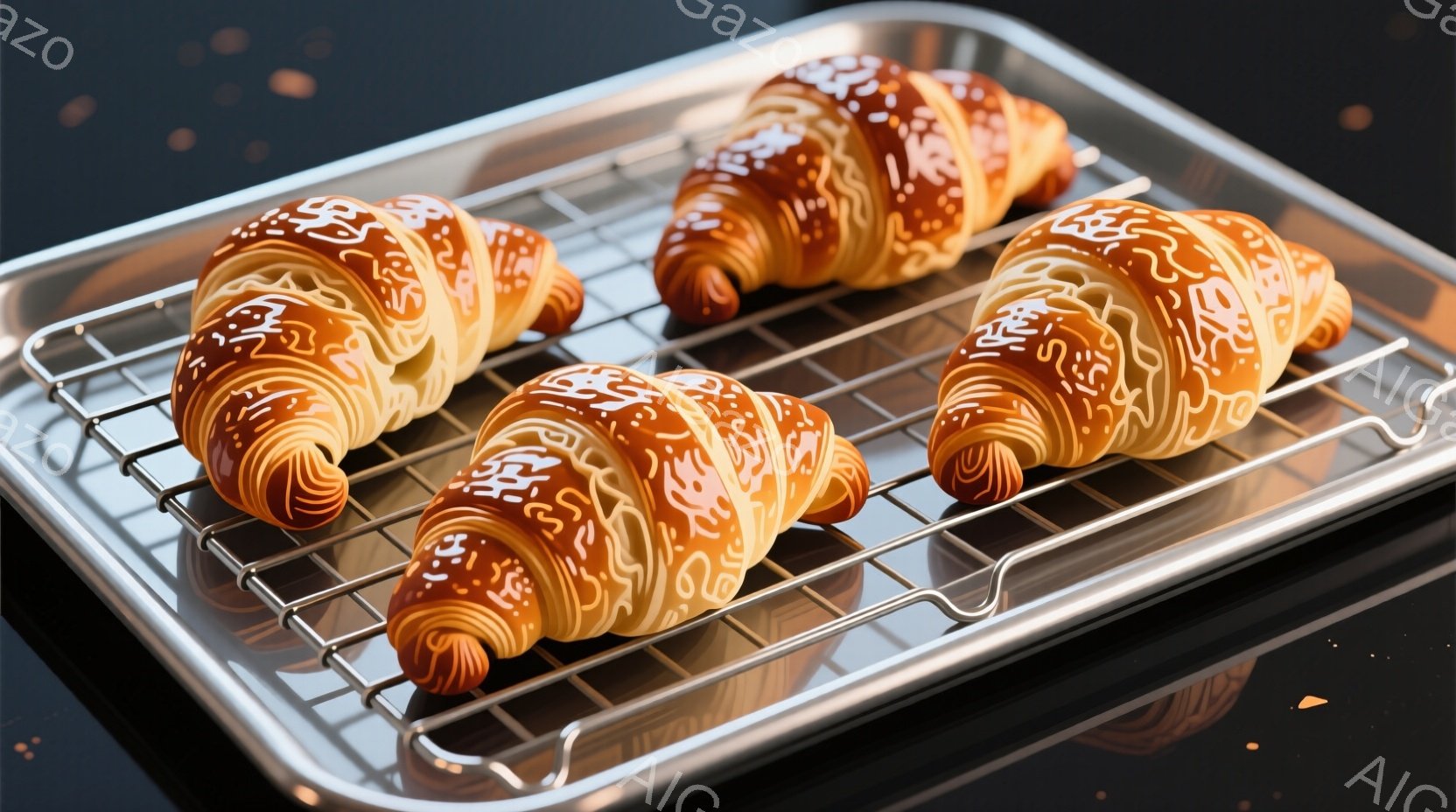 金属製の網目状のトレイの上に置かれた、焼き色のついたクロワッサンが四つ並んでいます。クロワッサンは黄金色と薄茶色の美しい層を持ち、表面には繊細な模様が描かれています。背景は暗く、光の反射がわずかに見ら - AI生成フリー素材