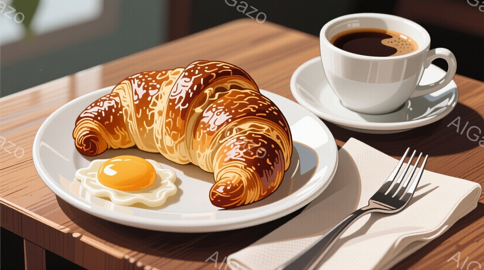 白い皿にクロワッサンと目玉焼きが盛られています。クロワッサンは黄金色でサクサクとした食感が想像でき、目玉焼きの黄身は鮮やかです。木目調のテーブルに、白いナプキンとフォークが添えられ、コーヒーカップが並 - AI生成フリー素材