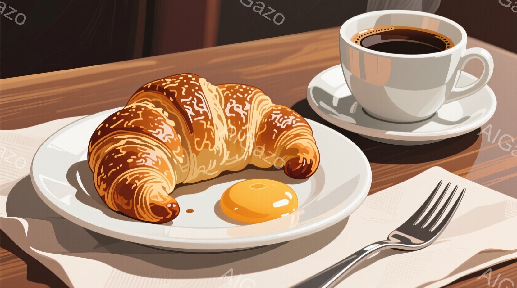 白い皿の上に、焼きたてのクロワッサンとオレンジ色の小さな球体が置かれている。背景には木目のテーブルがあり、クロワッサンの隣にはフォークが置かれ、その奥には白いソーサーに乗った熱いコーヒーカップがわずかに見える。全体的に暖かく、朝食や軽食を楽しむ穏やかな雰囲気が漂っている。