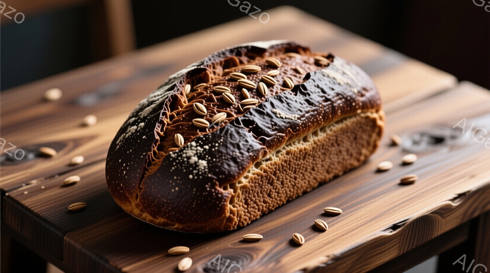 焼き色が濃く、表面に種が散りばめられたパンが、木の質感が際立つテーブルの上に置かれています。パンの周りにもいくつかの種が散らされており、素朴で温かみのある雰囲気を醸し出しています。光の当たり方から、パ - AI生成フリー素材
