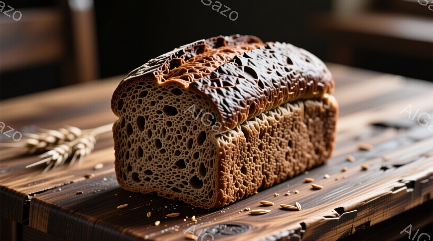 焼けたパンの断面が特徴的で、その内部構造は非常に多くの小さな穴が開いており、しっとりとした食感を想像させます。パンは濃い茶色で、表面にはカリッとした焼き色が確認できます。背景は木製の板で、数本の小麦の - AI生成フリー素材
