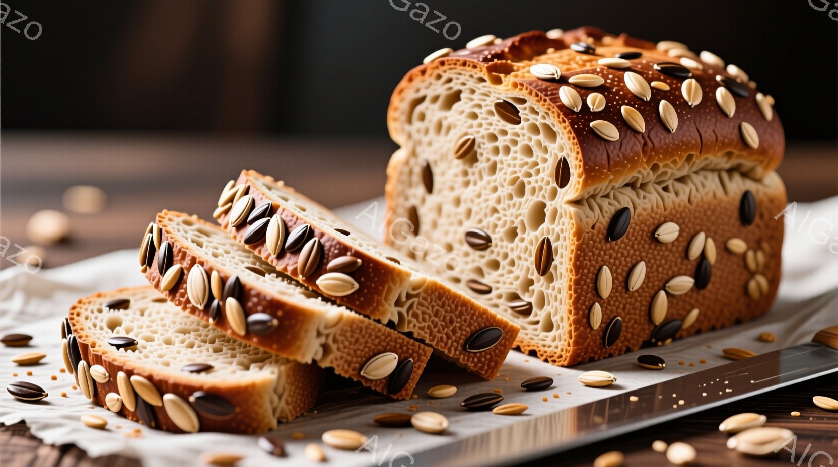 種子を散りばめた焼きたてのパンが写っています。パンはスライスされ、種子が散らばった白い紙の上、金属製のプレートに置かれています。温かく素朴な雰囲気で、パンの香ばしさが伝わってくるようです。