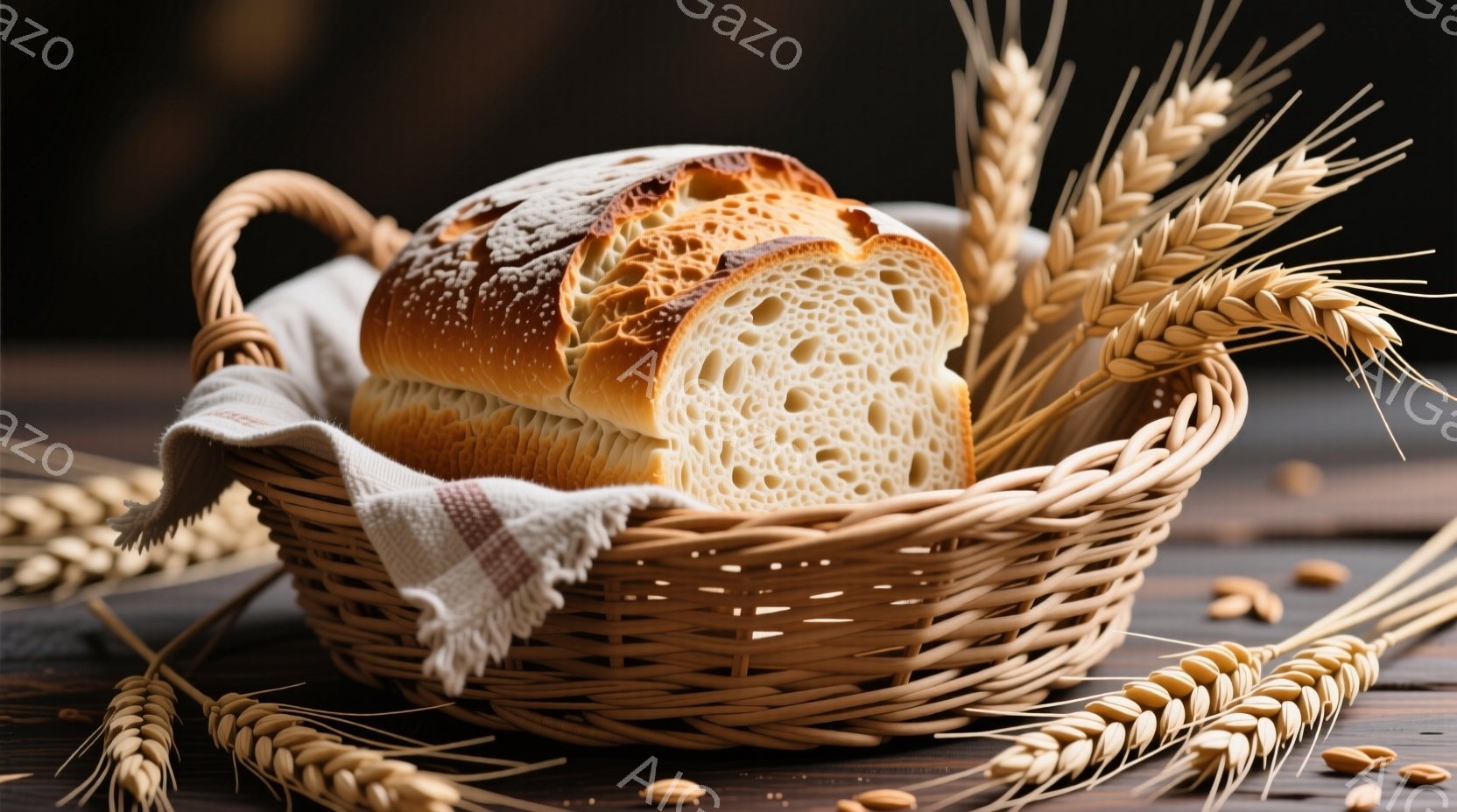 籠の中に焼きたてのパンが置かれ、端にはストライプ柄の布が垂れ下がっています。背景には小麦の穂が散りばめられ、素朴で温かみのある雰囲気を醸し出しています。木製のテーブルの上で、パンと小麦が自然な色合いで - AI生成フリー素材