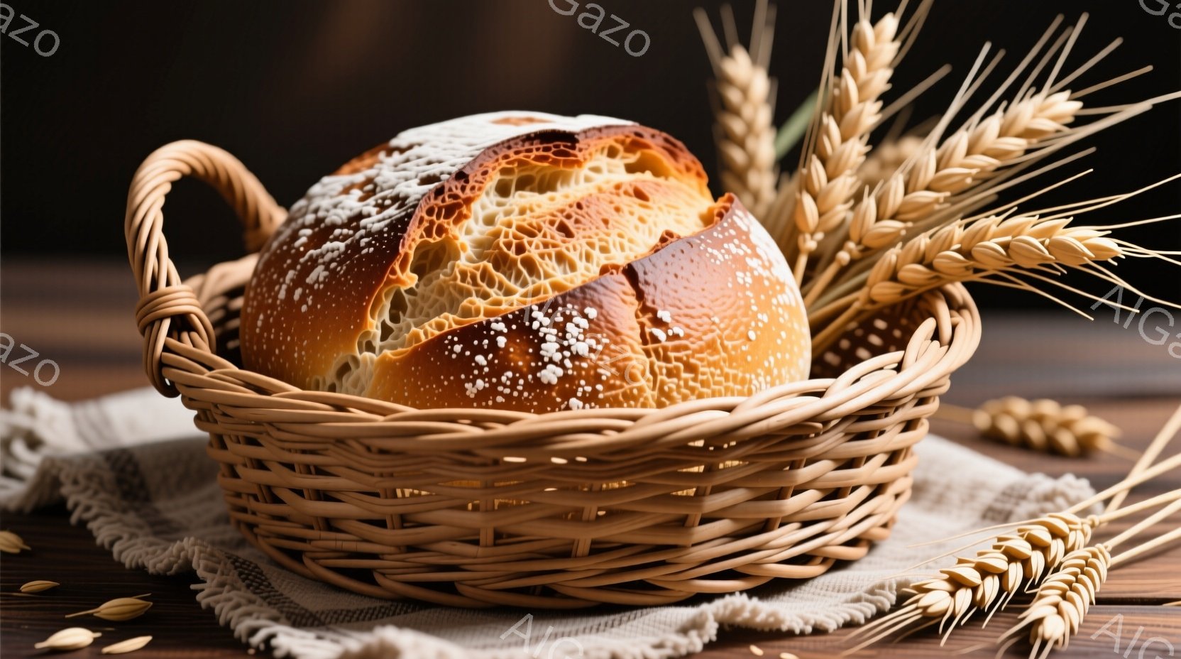 籐編みのバスケットに、粉をまぶした焼き立てのパンが置かれている。パンは表面にひび割れがあり、焼き色が美しい。背景には木製のテーブルと、パンの穂が数本添えられており、素朴で温かい雰囲気を醸し出している。