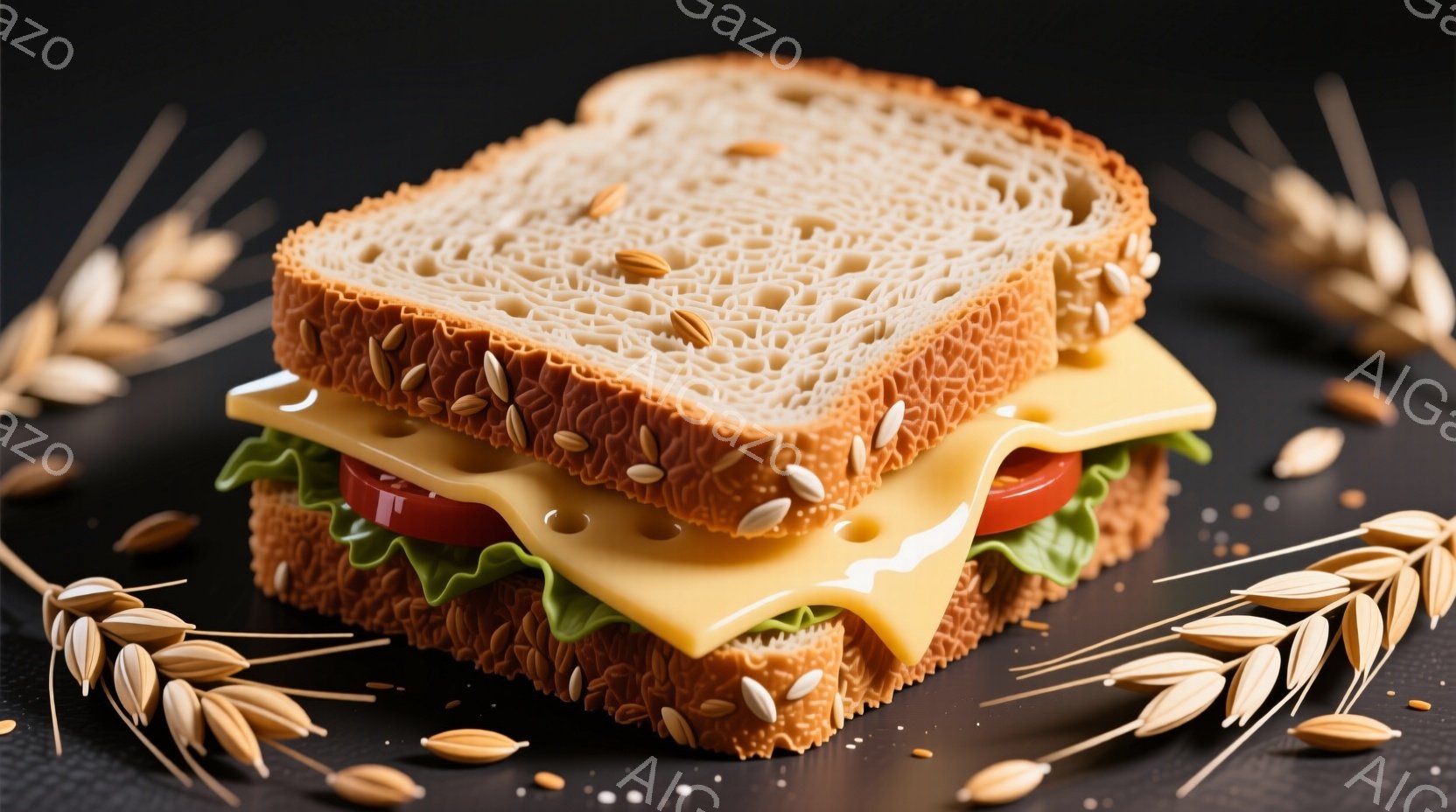 全粒粉パンで挟まれたチーズとトマトのサンドイッチが、黒い背景に配置されています。パンの表面には様々な穀物が散りばめられ、新鮮なレタスと溶けたチーズが挟まれています。周りには散らばった穀物がアクセントとなり、シンプルながらも食欲をそそる雰囲気を醸し出しています。