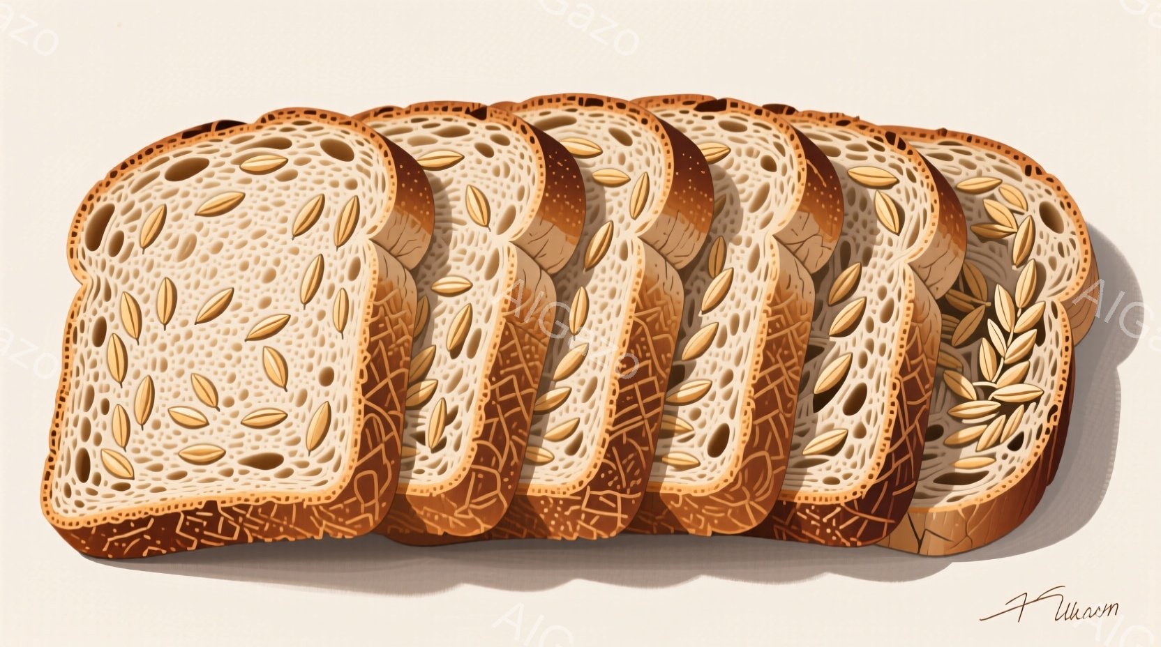 焼きたての全粒粉パンのスライスが、均等に並べられています。パンの断面は、きめ細かく、小麦の粒がところどころに見え、香ばしさを想像させます。背景は淡いベージュ色で、パンの自然な色合いが際立っています。