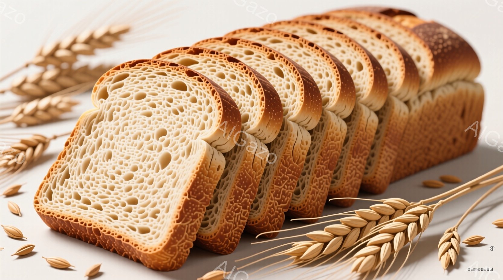 薄くスライスされたパンが中央に並べられ、黄金色の美しい焼き目が特徴的です。周囲には麦の穂や小麦の粒が散りばめられ、パンの原材料を想起させます。全体的に明るい色調で、素朴でありながらも食欲をそそる雰囲気が漂っています。