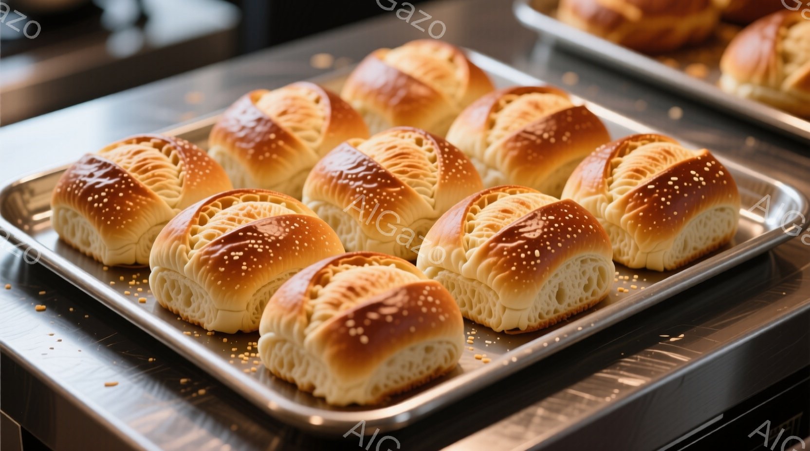 金属製のトレイに並べられた、焼き色がかったパンが写っています。それぞれのパンは、上部に繊細な模様が施されており、表面には小さな粒々が付いています。背景はぼやけていますが、パン屋のカウンターのような金属製の表面が確認できます。
