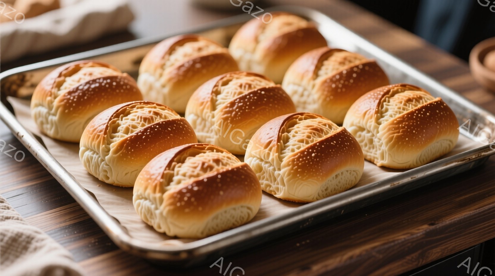ベーキングシートの上に並べられた、ふっくらとしたパンが写っています。パンは黄金色で、表面には細かいシワがあり、上部には小さな粒が散りばめられています。背景は木製のテーブルで、全体的に温かみのある、食欲 - AI生成フリー素材