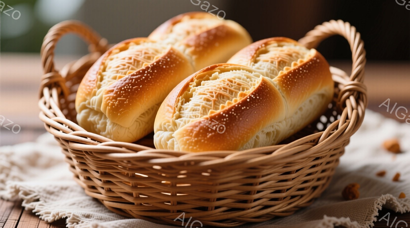 籠の中に焼きたてのパンがいくつか入っており、表面には細かい筋模様とゴマが散りばめられています。パンは黄金色をしており、ふっくらとしていて美味しそうです。背景にはぼやけた木製のテーブルと白いレース編みの布が見え、温かみのある雰囲気を醸し出しています。