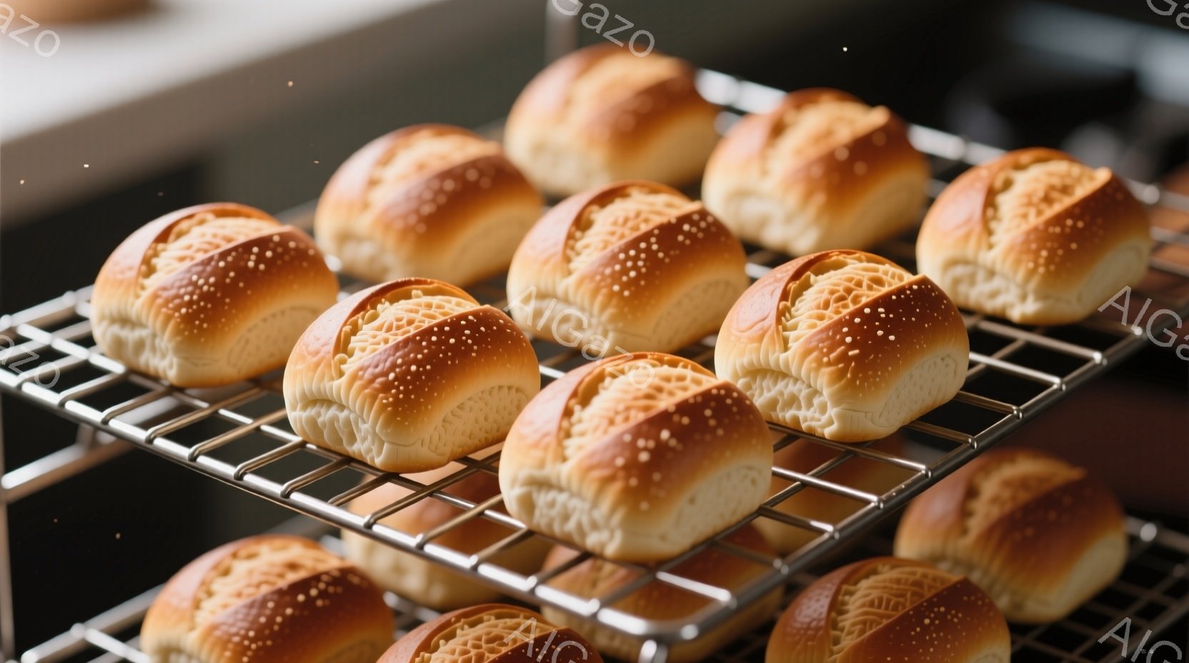 金属製の棚に並べられた、焼き色のついたパンが写っている。それぞれのパンは、表面に繊細な模様が施され、全体的に温かみのある黄金色をしている。背景はぼやけており、パンに焦点が当てられているため、落ち着いた雰囲気が漂っている。