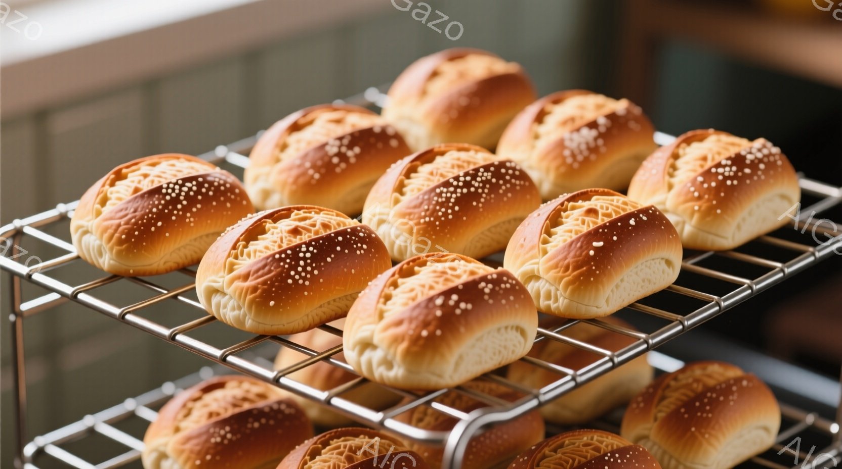 焼き上がったパンが金属製のラックに並べられています。パンは表面に白っぽいゴマが散りばめられ、うっすらと焼き色がついており、ふっくらとした食感を想像させます。背景はぼやけており、パンに焦点が当てられています。