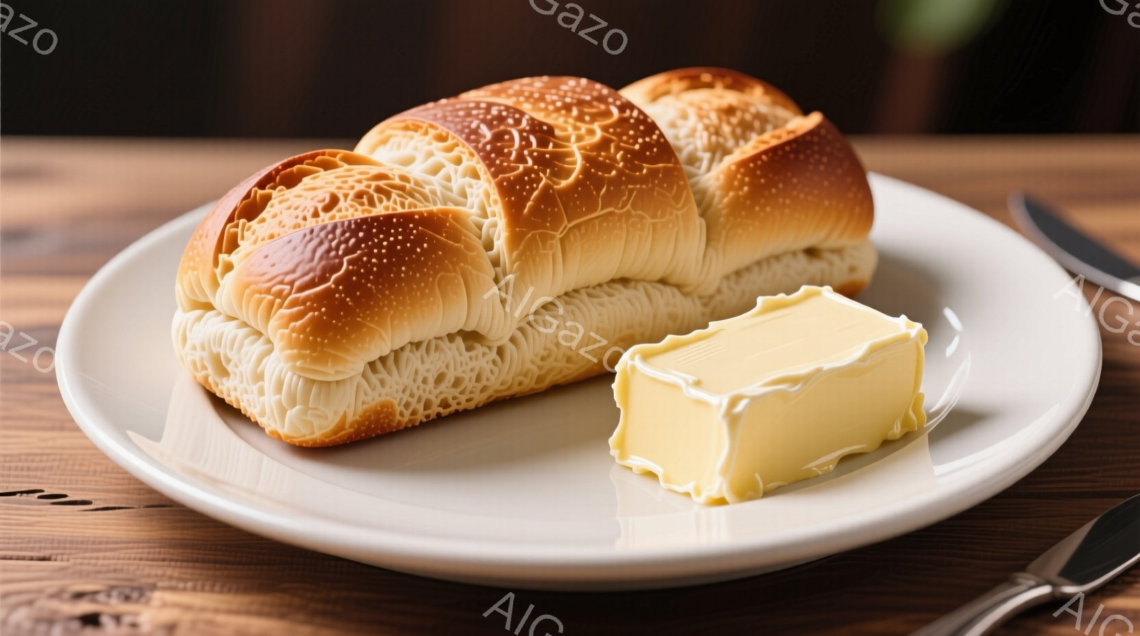 白い皿の上に、焼きたてのパンとバターが置かれています。パンは、表面が美しく焦げ目がついており、バターは光沢があり、とろけるような質感です。木製のテーブルが背景に見え、暖かく心地よい雰囲気を醸し出しています。
